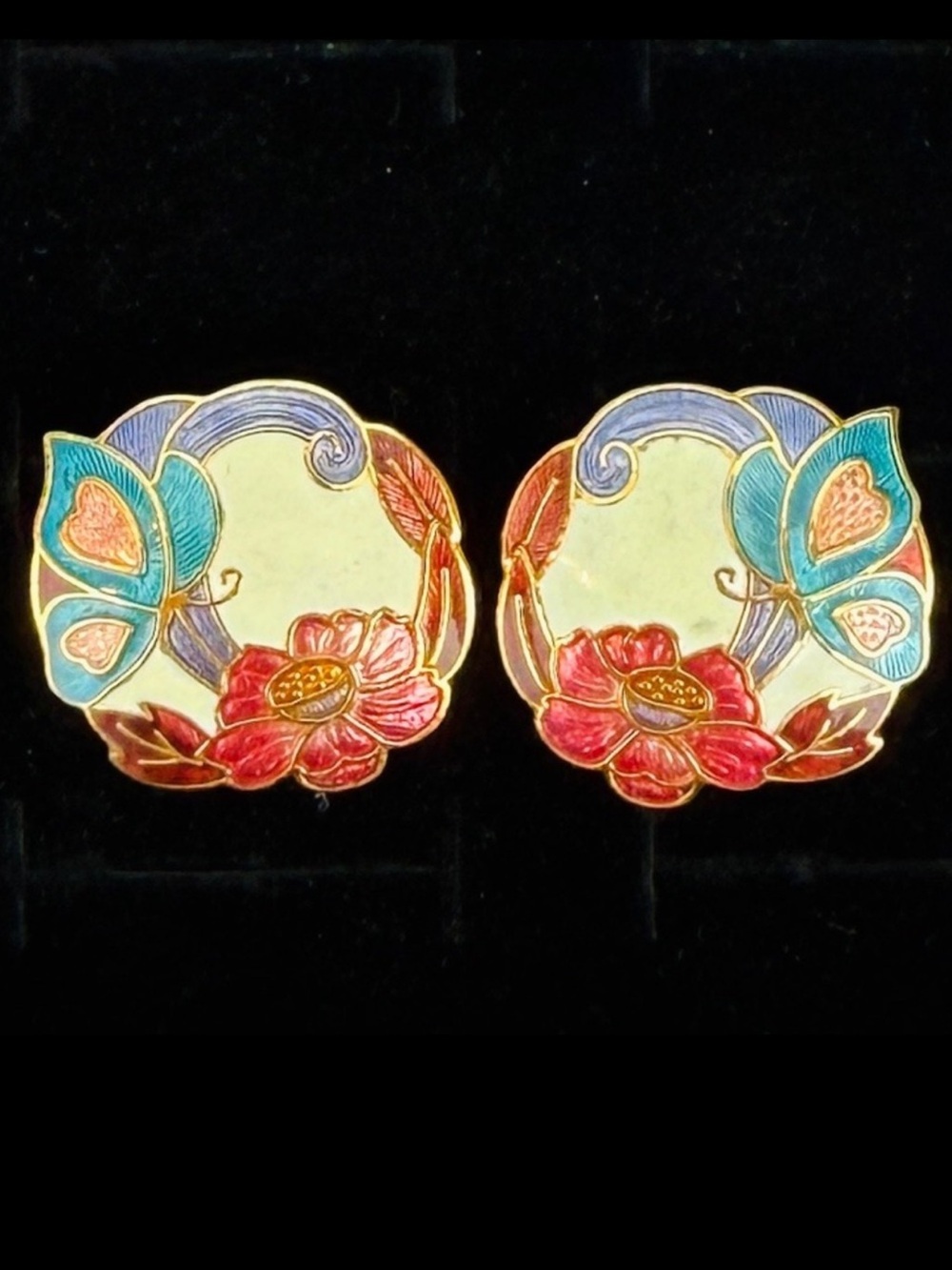 Vintage goldtone floral butterfly cloisonné enamel pierced earrings